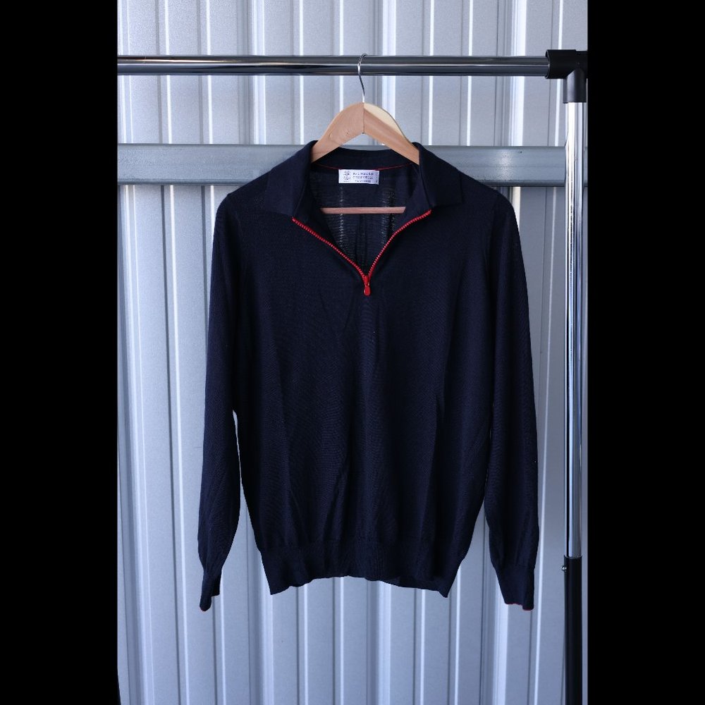 Brunello Cucinelli cashmere and silk blue sweater with red zipper, size 50